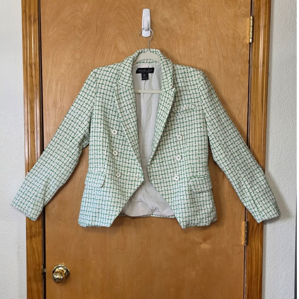 Rachel Zoe Green White Tweed Boucle Double Breasted Blazer Jacket Small
